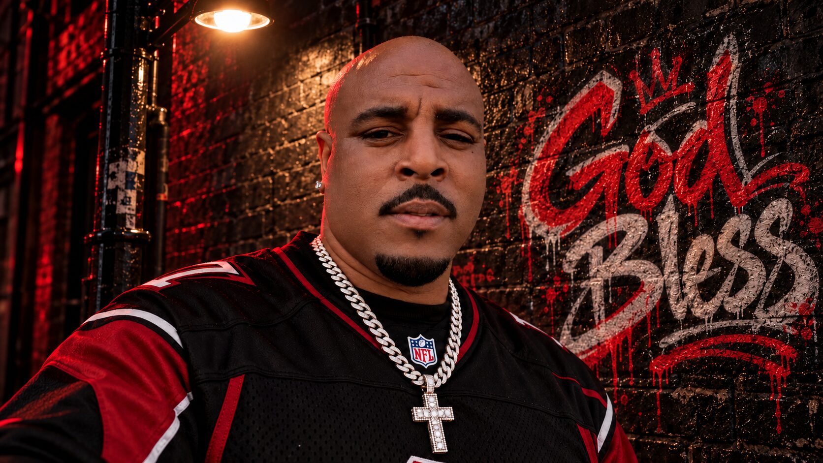 R.iLL in a black and red jersey and cross chain, in front of red God Bless graffiti